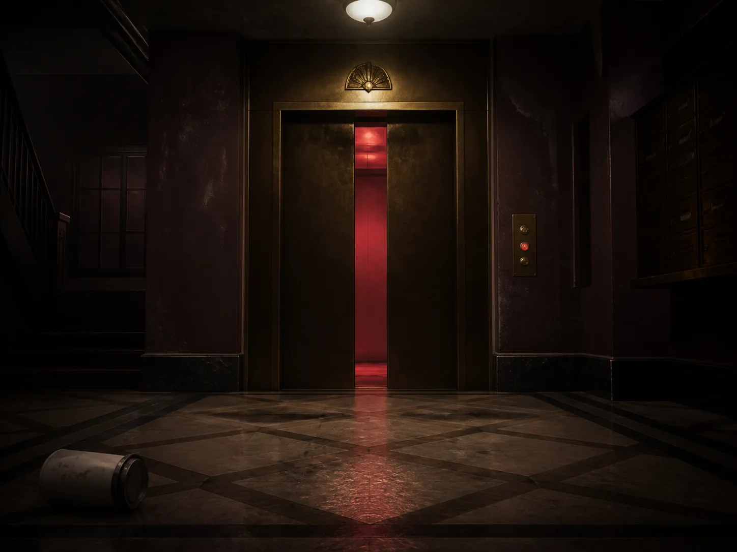 An apartment elevator opens onto a red glow