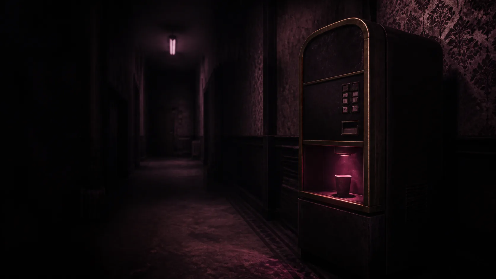 A mysterious coffee machine glows in a dark apartment hallway
