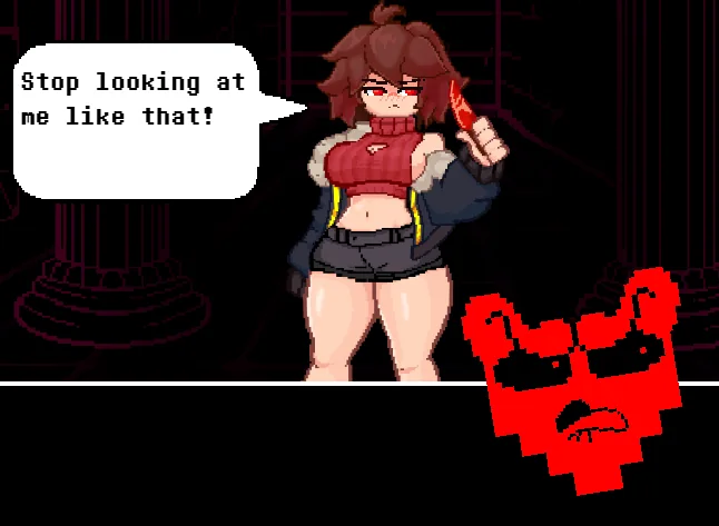 Scarlet speaking beside the game's red pixel-heart graphic